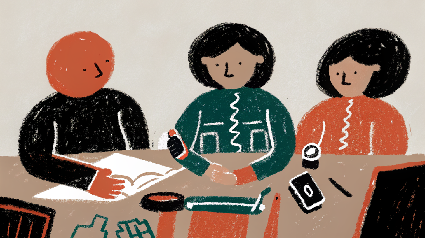 Three figures collaborating around a workbench — an editorial illustration of the Claude, ChatGPT, and Gemini complementary roles in a working operator's stack.