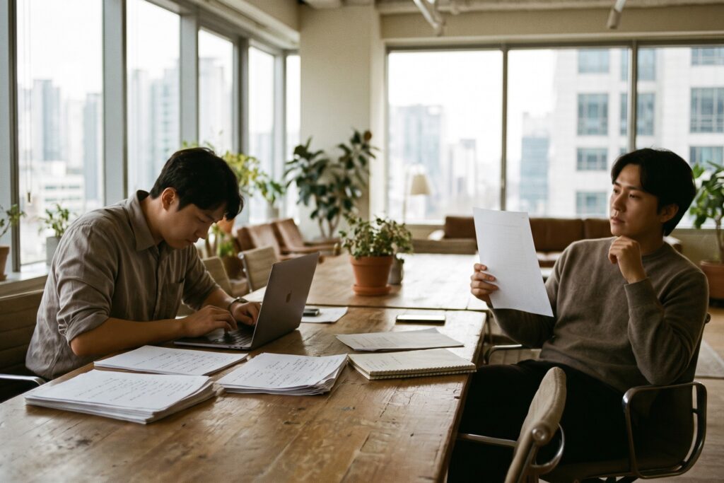 Two colleagues in a bright modern office, one working intently at a laptop while the other reviews a printed page