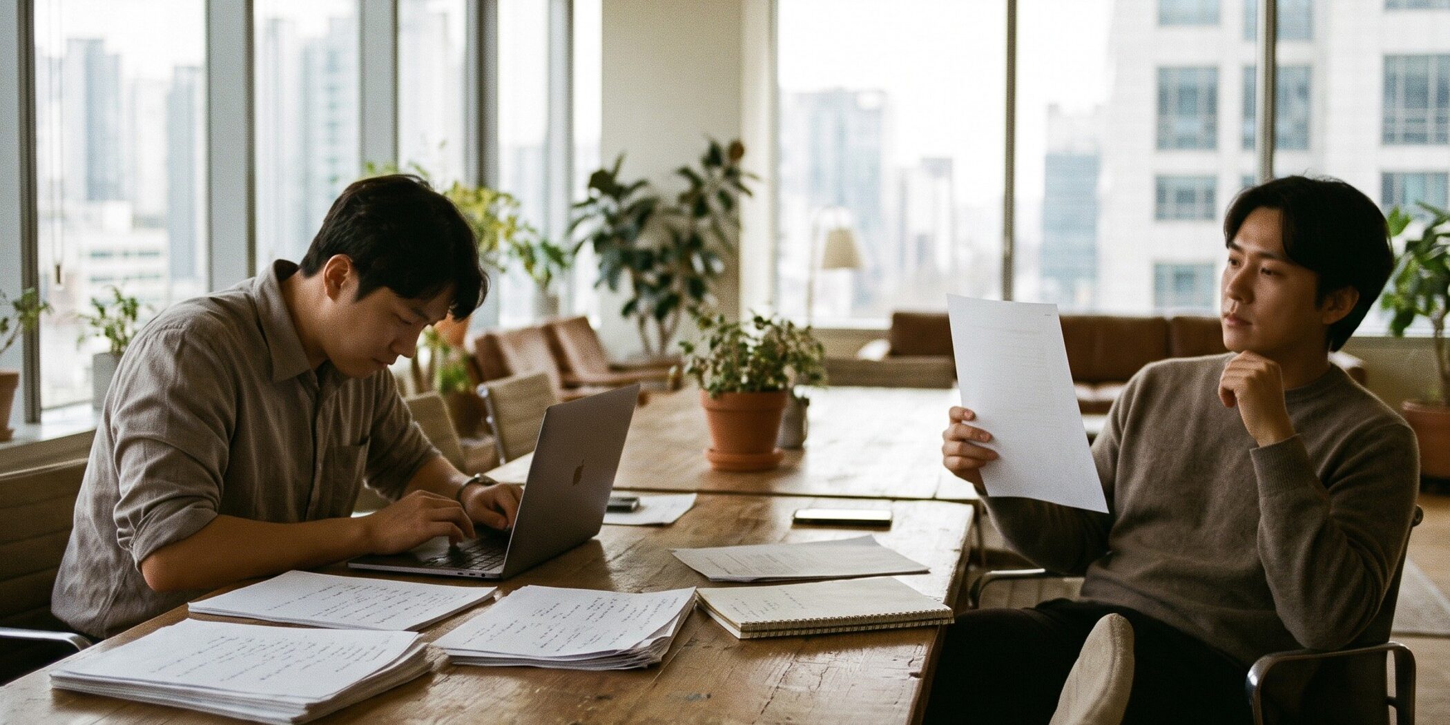 Two colleagues in a bright modern office, one working intently at a laptop while the other reviews a printed page
